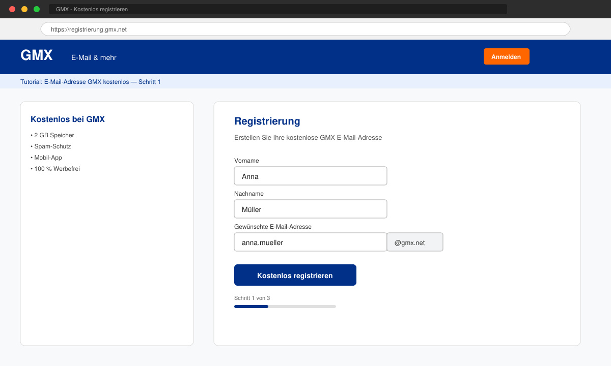 Registrierungsformular auf der GMX-Website mit Feldern für Vorname, Nachname und gewünschte E-Mail-Adresse