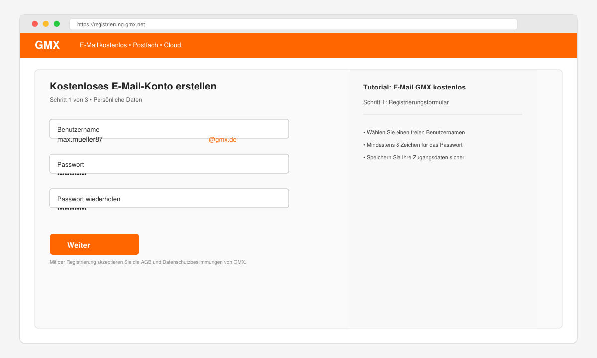 Bildschirm mit dem Registrierungsformular von GMX