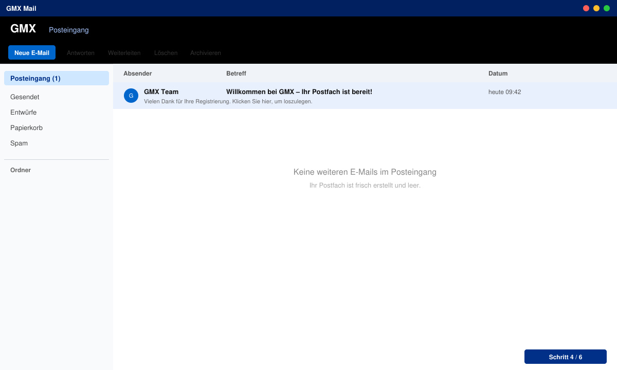 Ansicht des frisch erstellten GMX-Posteingangs mit Willkommens-E-Mail