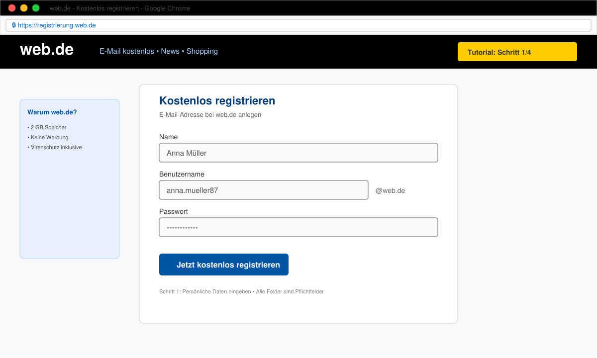 E mail kostenlos web de Registrierungsformular