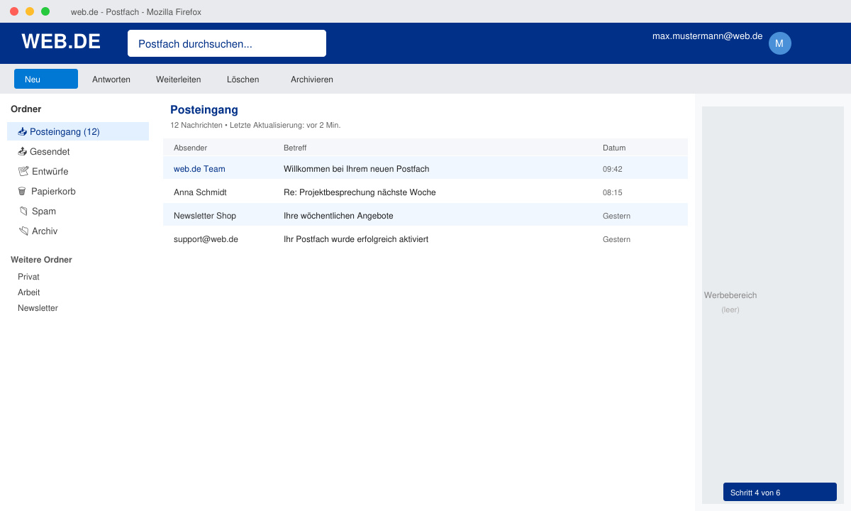 E mail kostenlos web de fertiges Postfach mit Posteingang