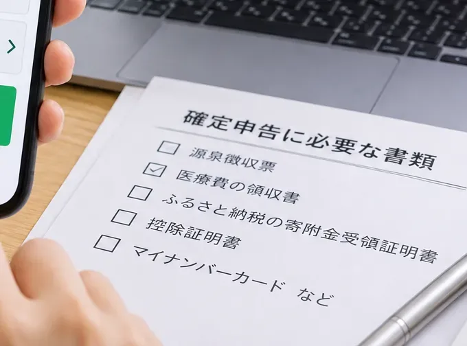 確定申告に必要な源泉徴収票、医療費、寄附金、控除証明書などを確認するチェックリスト