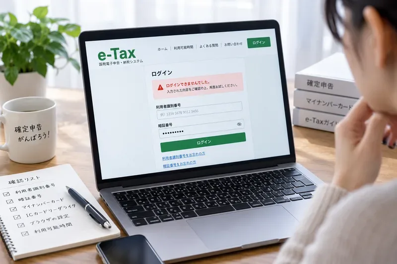 e-Taxのログイン画面を見ながら、利用者識別番号、暗証番号、カードリーダー、ブラウザ、利用可能時間をチェックしている場面