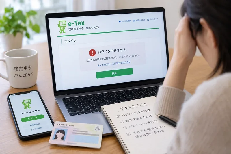 マイナンバーカードとスマートフォンを机に置き、e-Taxのログインエラーと暗証番号の確認項目を見直している場面
