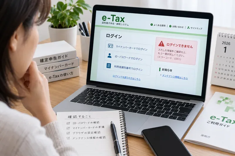e-Taxのログインエラー画面を前に、確認項目を書いたノートを見ながら原因を切り分けている場面