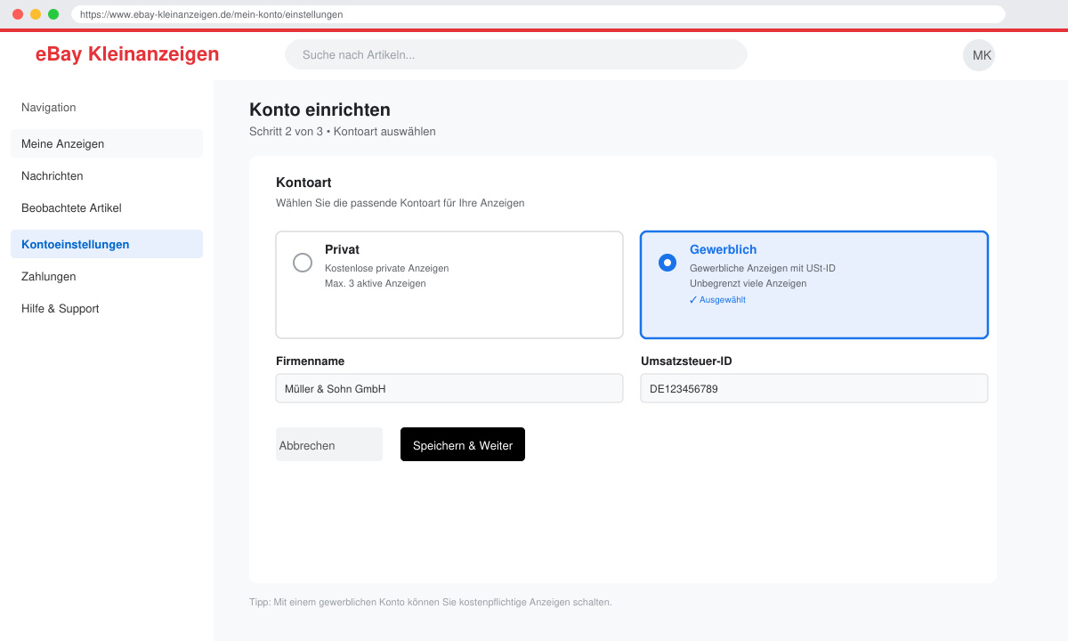 Einstellung gewerblich bei Ebay Kleinanzeigen vornehmen