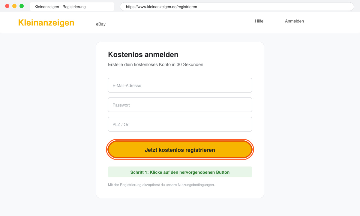 Browserfenster mit geöffneter Kleinanzeigen-Startseite und hervorgehobenem Registrieren-Button