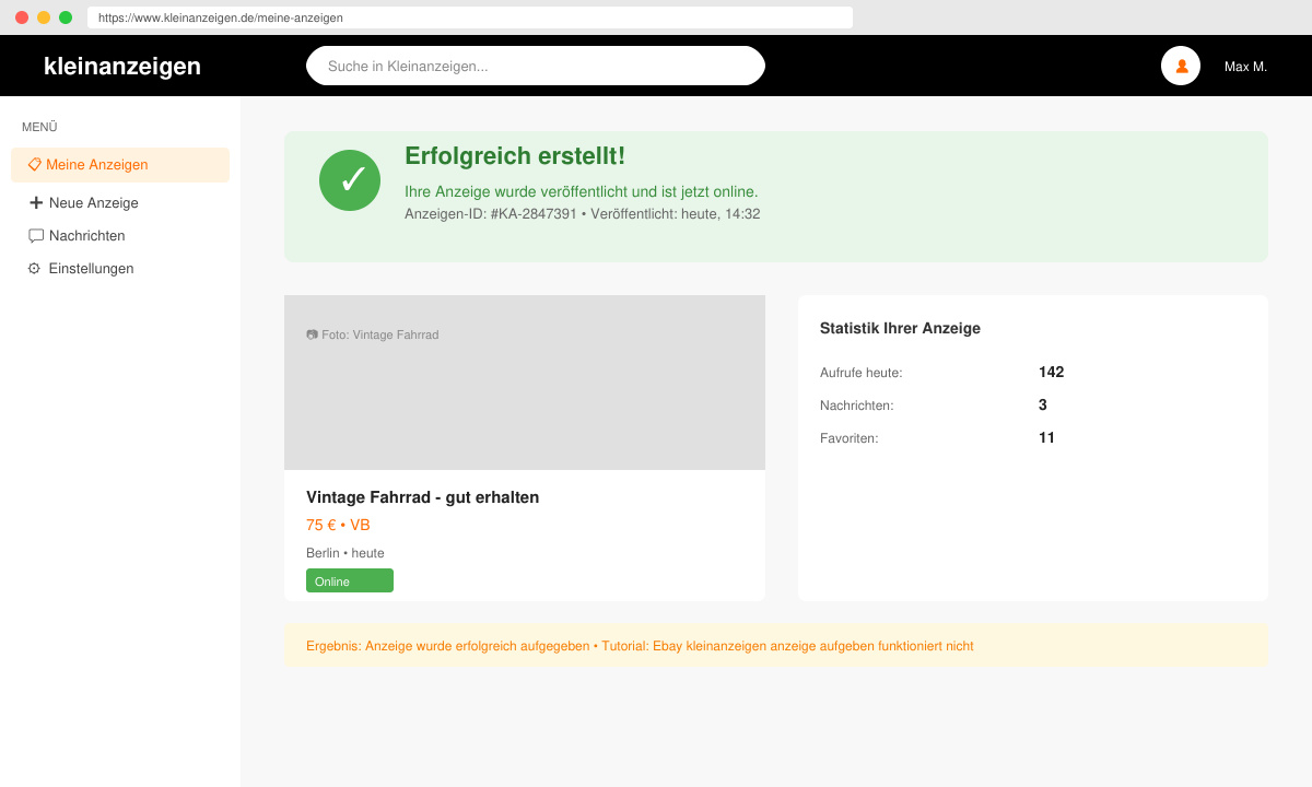 Erfolgreich erstellte Anzeige im Ebay Kleinanzeigen Dashboard mit Bestätigungsmeldung