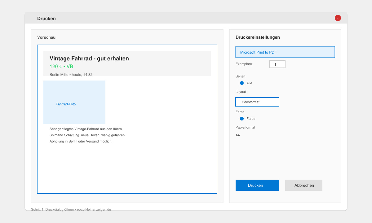 Druckdialog beim Ebay kleinanzeigen anzeige ausdrucken mit Vorschau