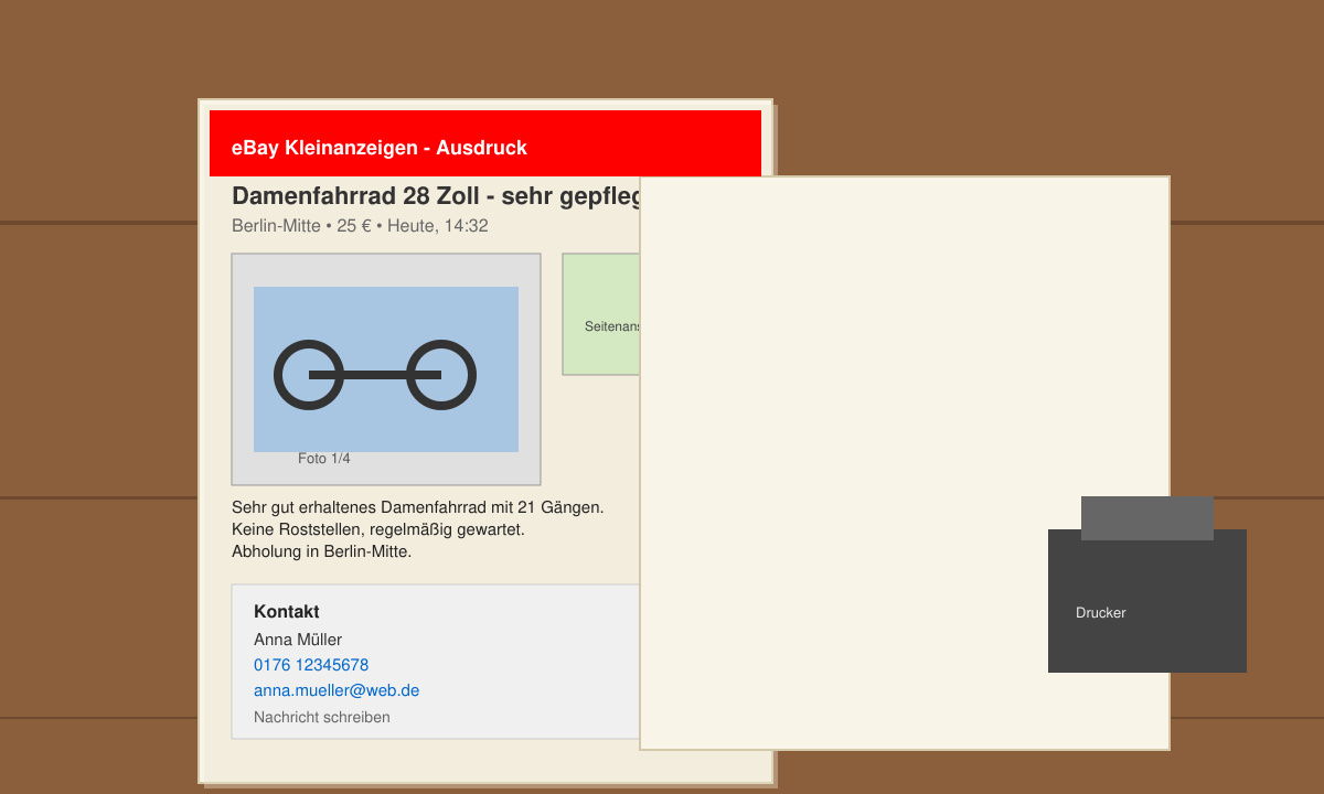 Ausgedruckte Kleinanzeigen Anzeige mit Kontaktdaten und Bildern