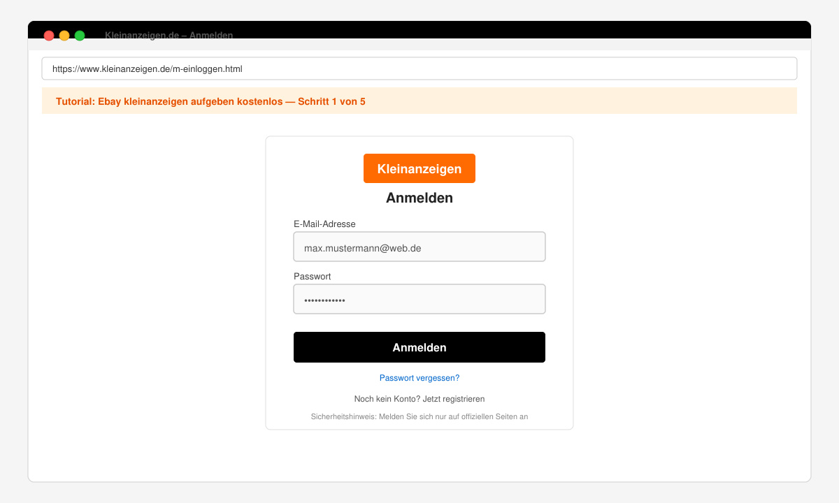 Anmeldebildschirm von eBay Kleinanzeigen mit E-Mail-Feld und Passwort