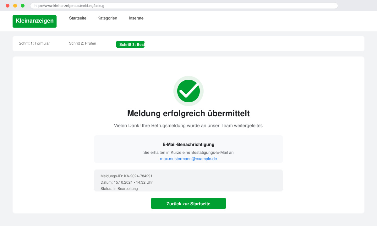 Bestätigungsseite nach erfolgreicher Meldung eines Betrügers