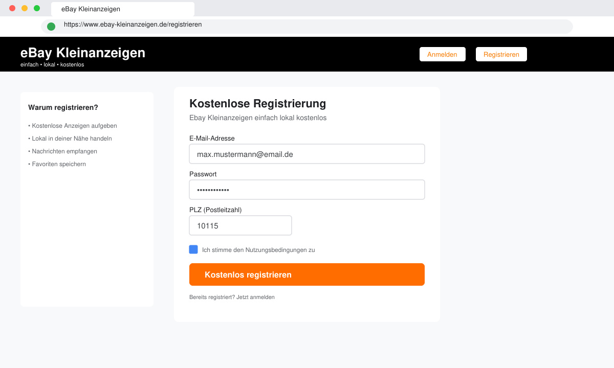 Registrierungsformular auf Ebay kleinanzeigen einfach lokal kostenlos