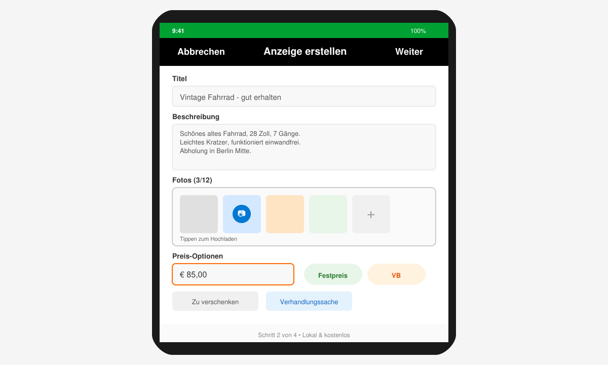 Anzeigenformular mit Foto-Upload bei Ebay kleinanzeigen einfach lokal kostenlos