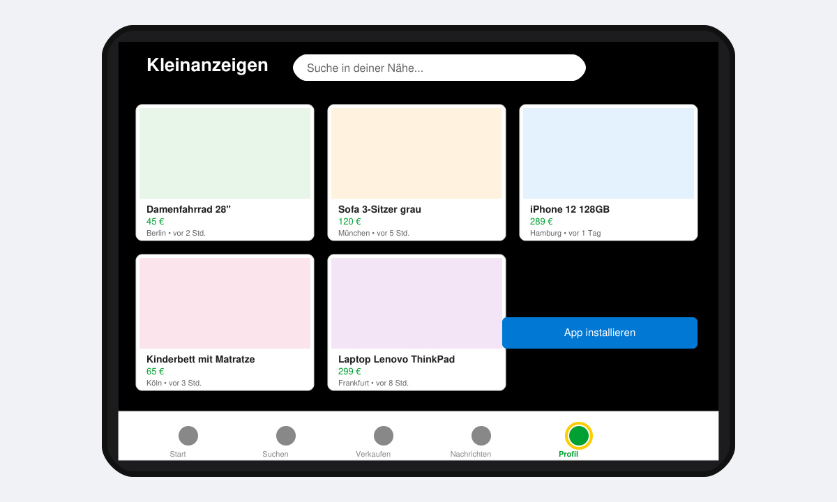 App-Startbildschirm mit Profil-Icon markiert