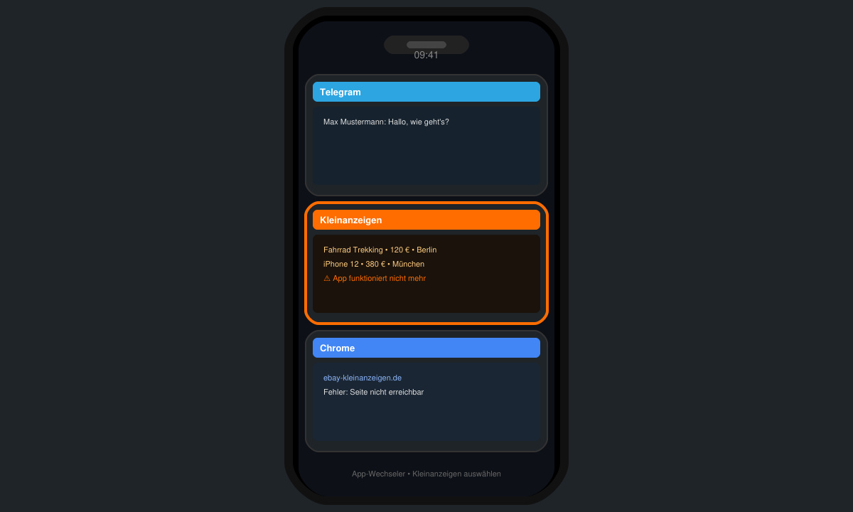 Smartphone-Bildschirm mit App-Wechseler und Kleinanzeigen-App