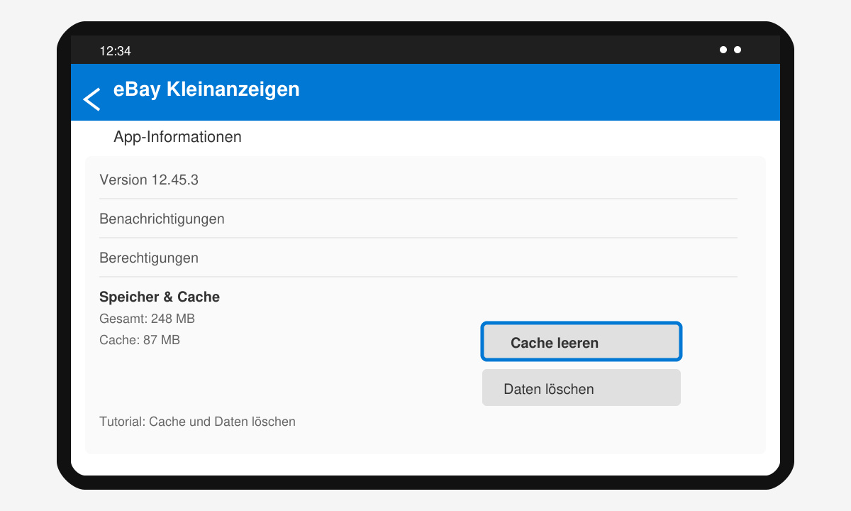 Android-App-Einstellungen mit hervorgehobener Schaltfläche „Cache leeren“