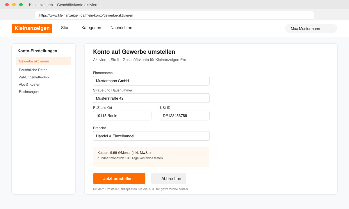 Screenshot des Formulars zur Aktivierung des Geschäftskontos auf Kleinanzeigen