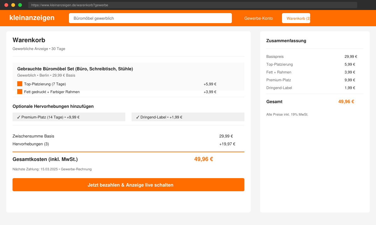 Warenkorb-Ansicht mit ausgewählten Hervorhebungen und Gesamtkosten für eine gewerbliche Anzeige