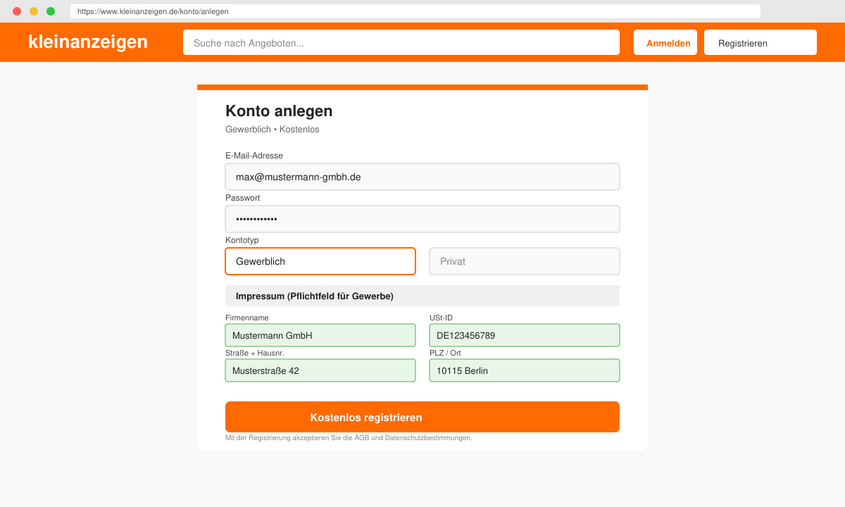 Anmeldeformular mit ausgefülltem Impressum-Feld auf der Kleinanzeigen-Website