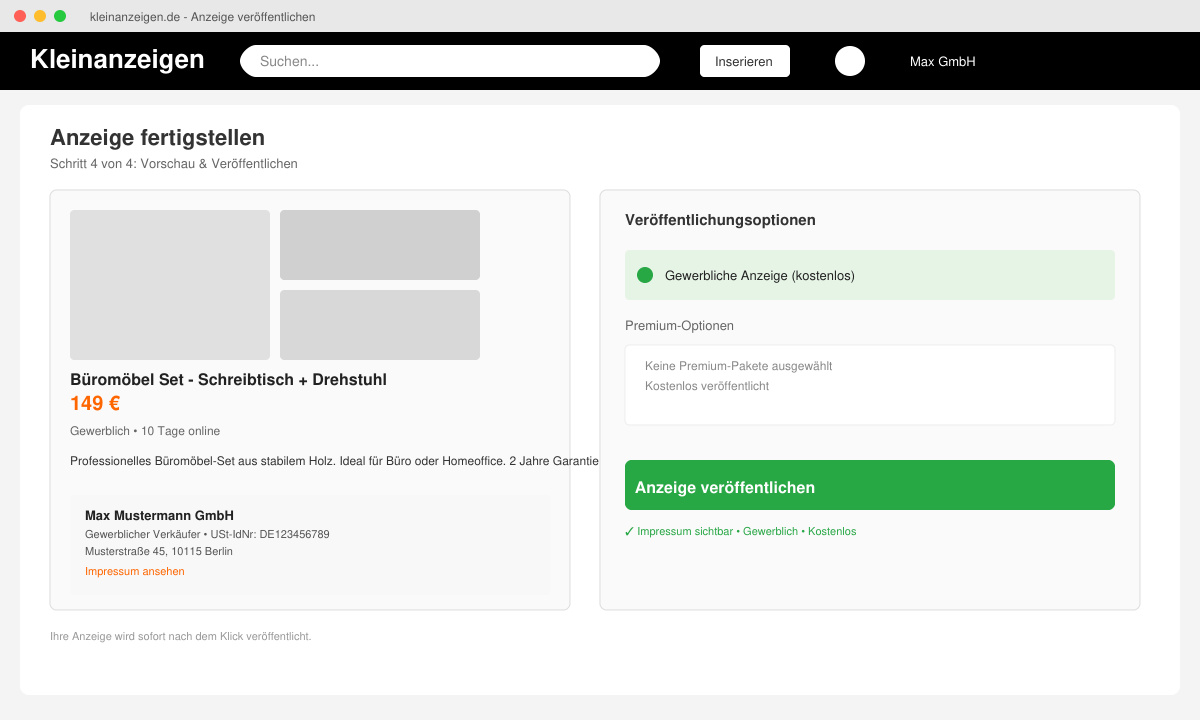 Fertige gewerbliche Anzeige mit sichtbarem Impressum und ohne Premium-Optionen