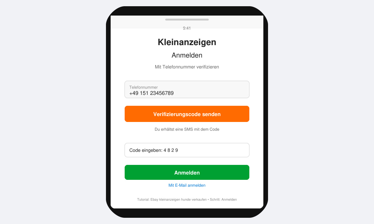 Anmeldebildschirm bei Kleinanzeigen mit Telefonverifizierung