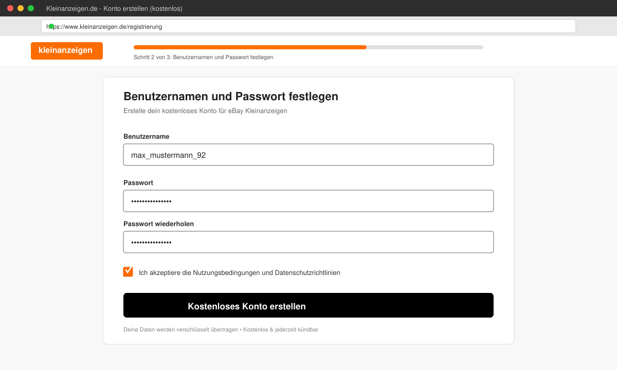 Formular zur Eingabe von Benutzername und Passwort bei Kleinanzeigen