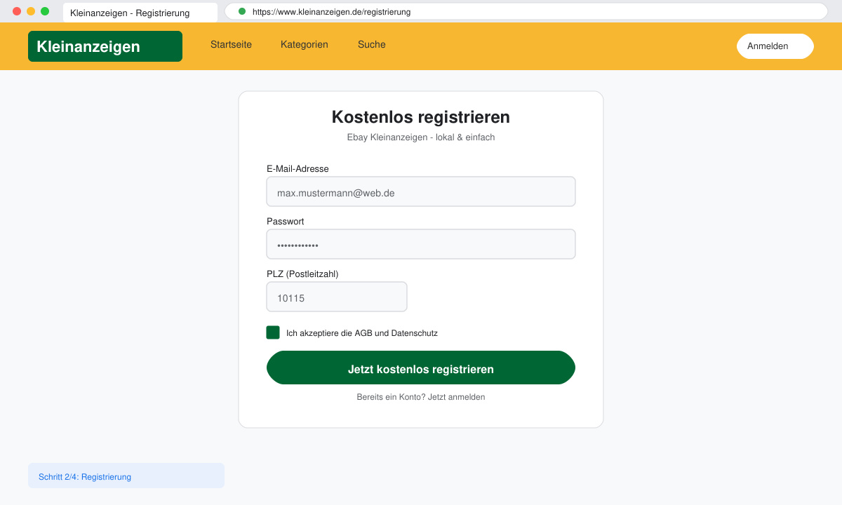 Registrierungsformular auf Ebay Kleinanzeigen mit E-Mail und Passwort
