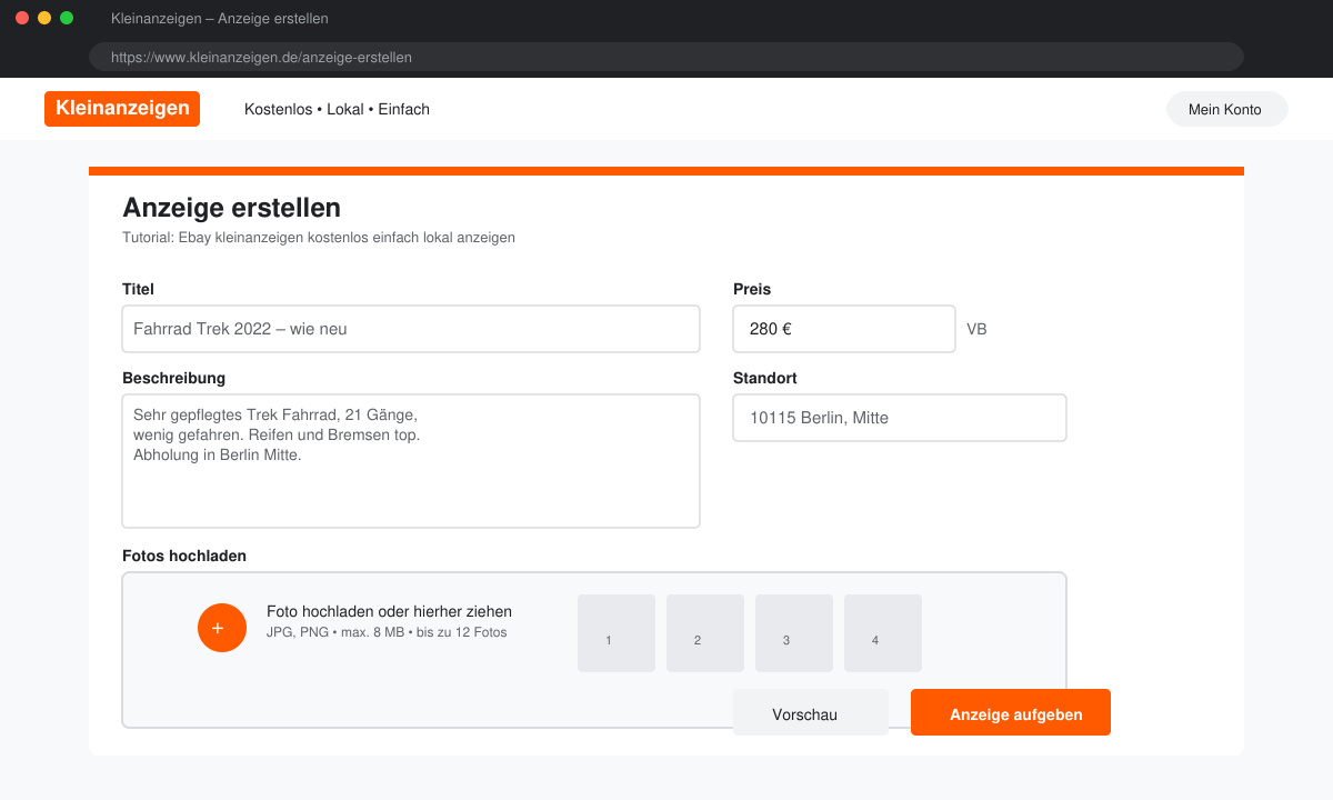 Formular zum Erstellen einer Anzeige mit Preis und Standort bei Ebay Kleinanzeigen