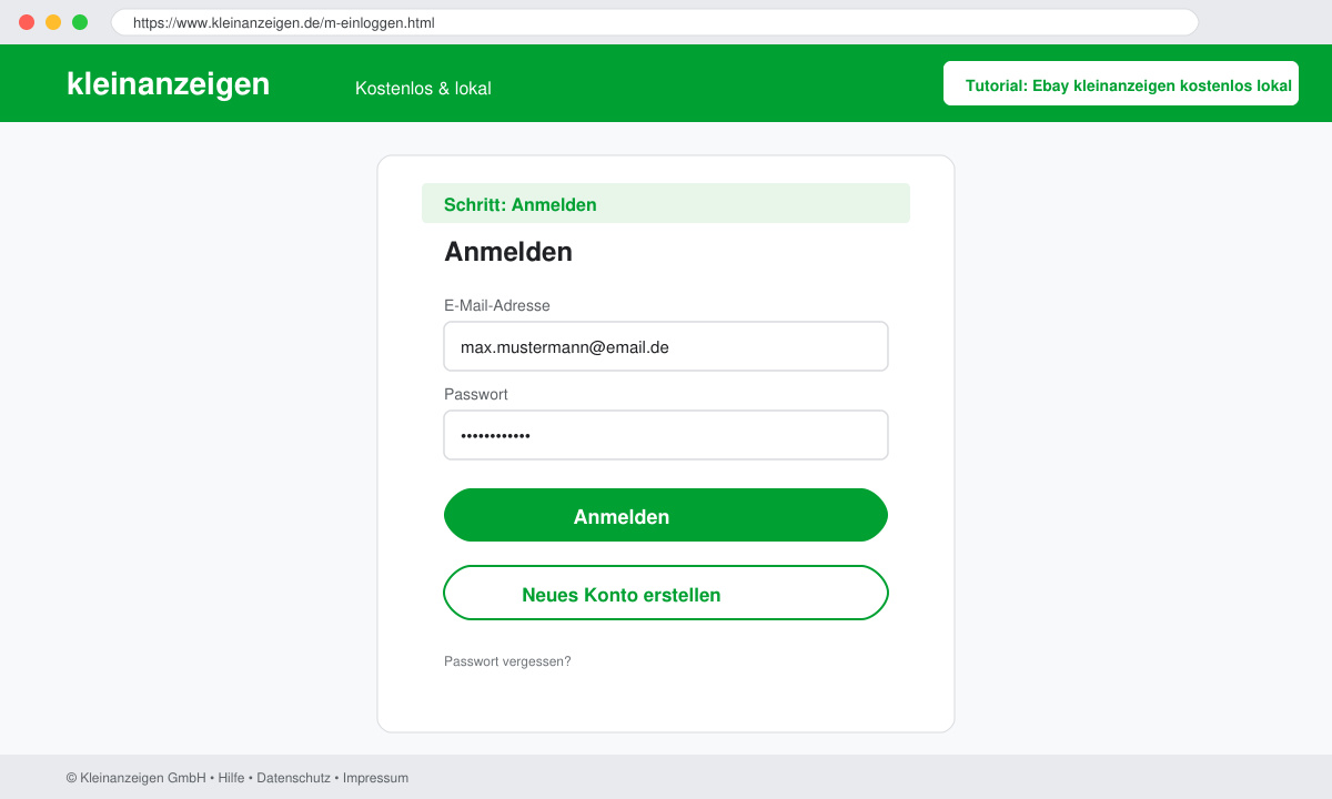 Bildschirm mit Anmeldeformular und Button zum Erstellen eines neuen Kontos