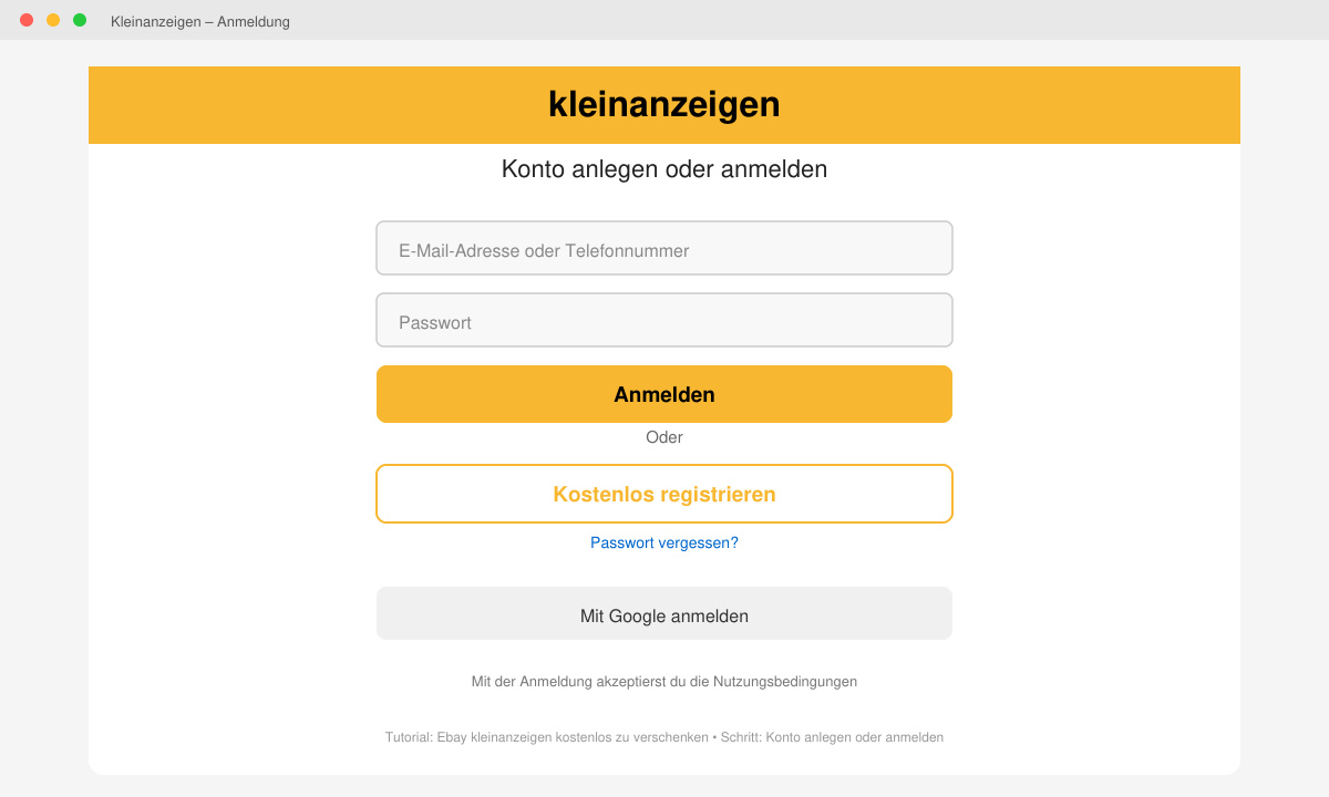 Anmeldebildschirm der Kleinanzeigen App mit Registrierungsoption