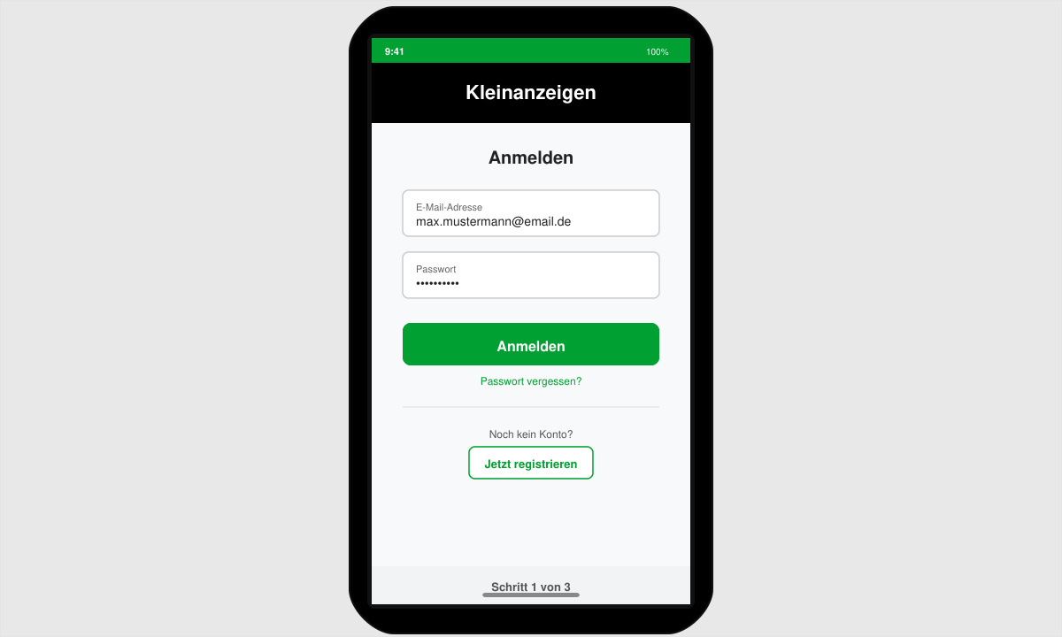 Smartphone-Bildschirm mit Anmeldebildschirm der Kleinanzeigen-App