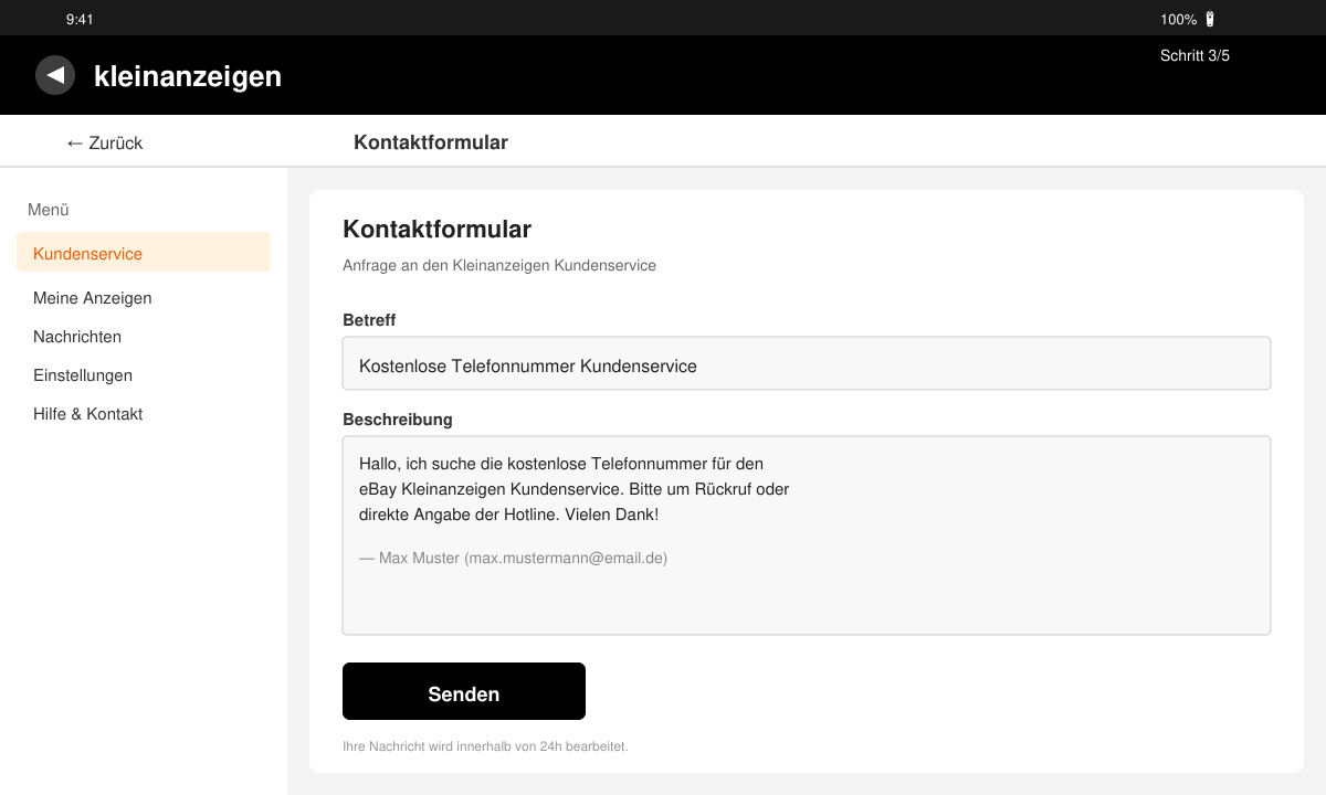 Kontaktformular im Hilfebereich der Kleinanzeigen-App mit ausgefülltem Textfeld