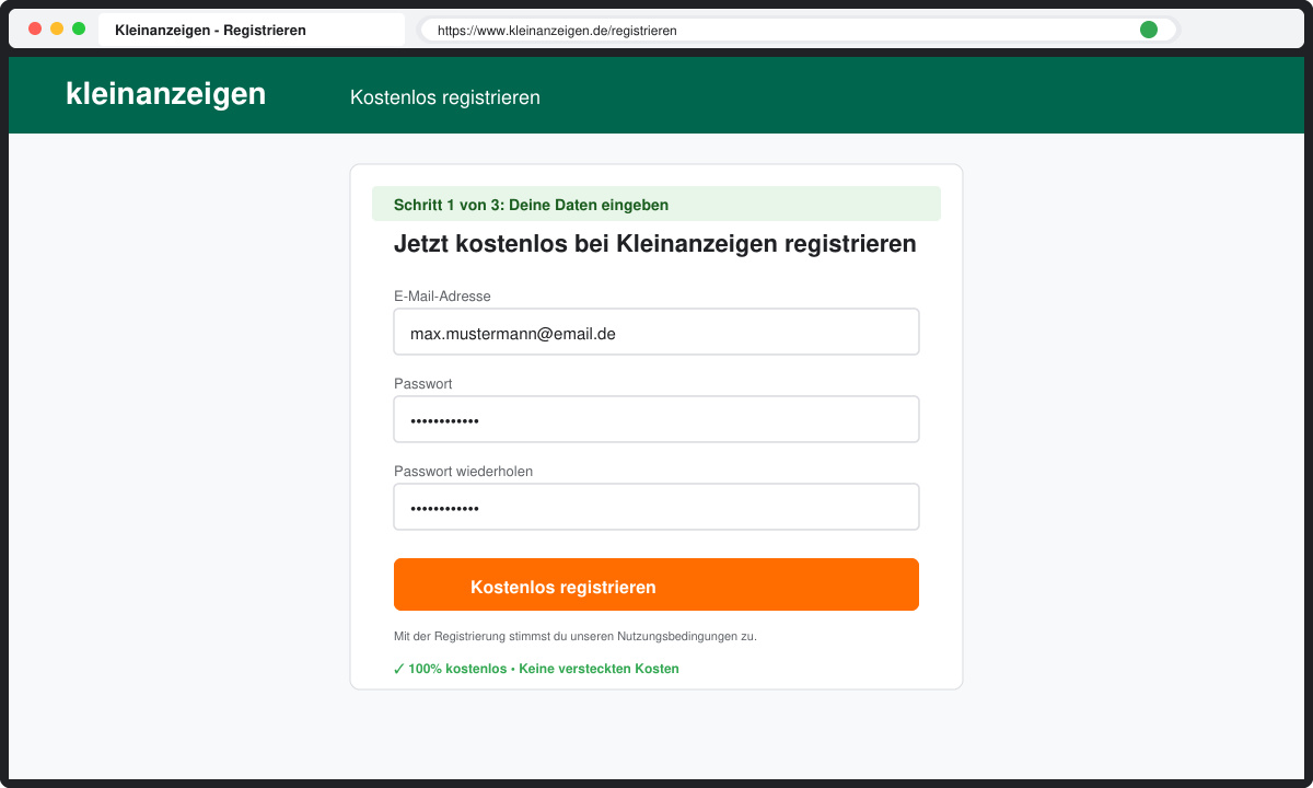 Browserfenster mit der Registrierungsseite von eBay Kleinanzeigen