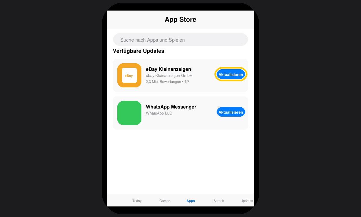 Smartphone-Bildschirm mit geöffnetem App Store und Update-Button für eBay Kleinanzeigen