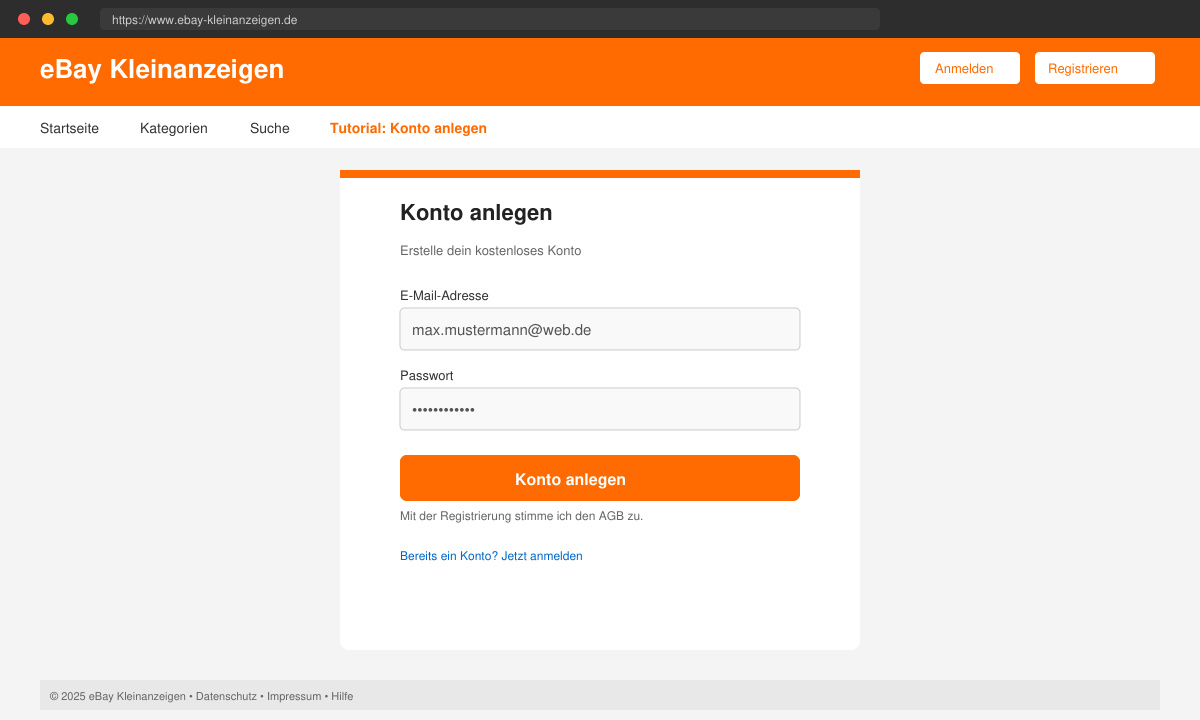 Registrierungsformular auf Ebay Kleinanzeigen