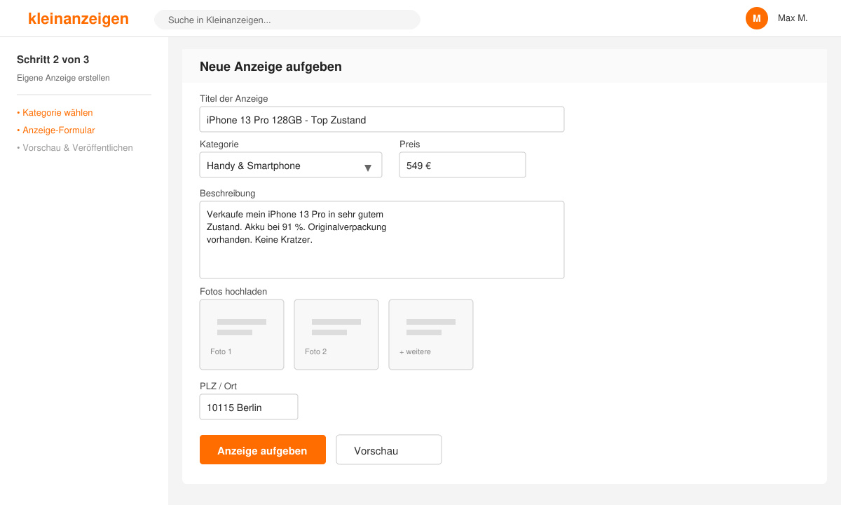 Formular zum Erstellen einer neuen Anzeige bei Ebay Kleinanzeigen