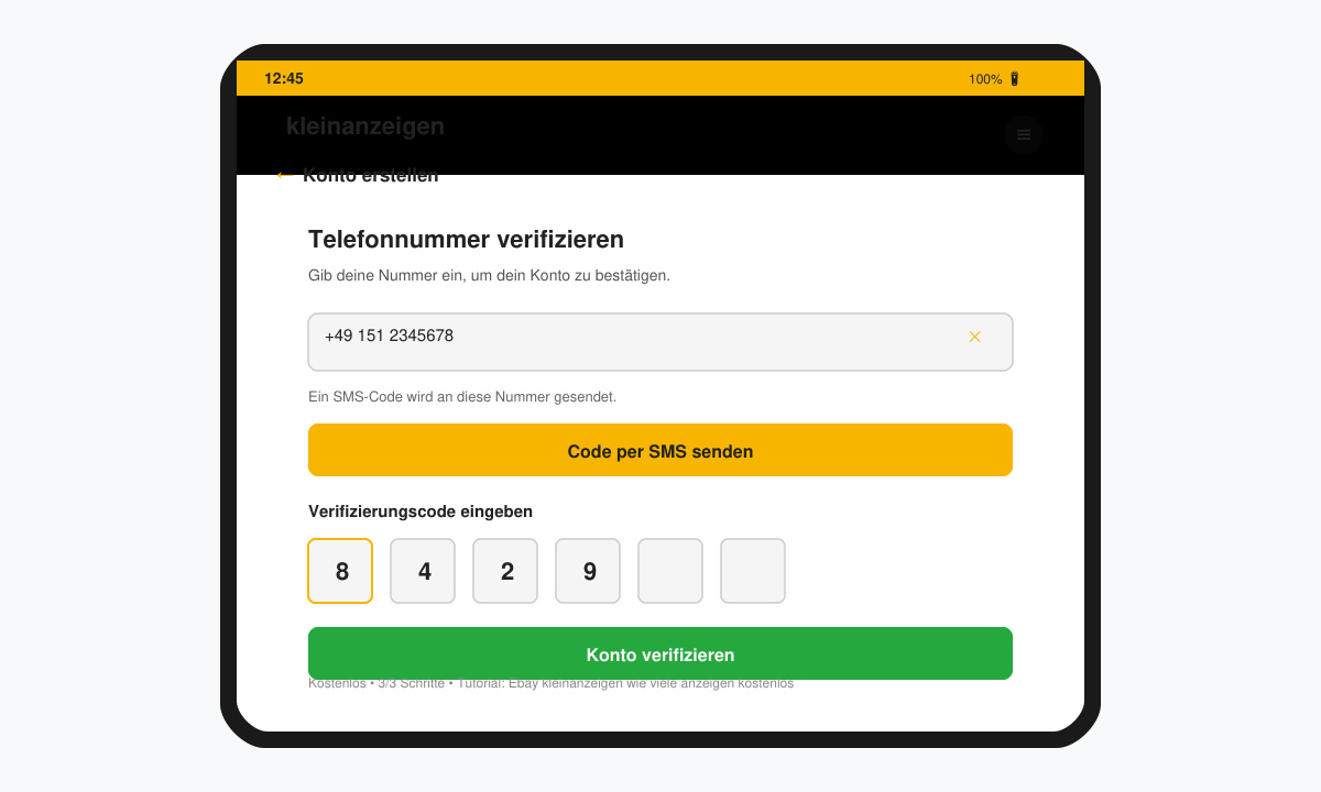 Bildschirm der Telefonverifizierung in der eBay Kleinanzeigen App