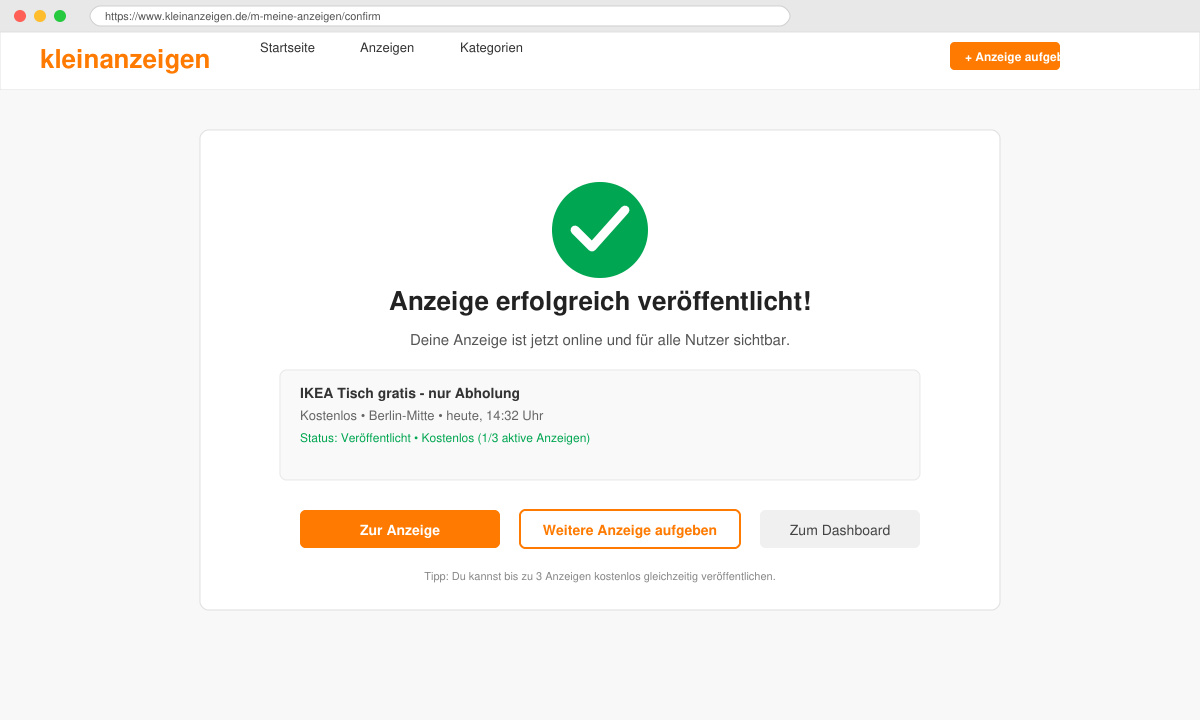 Erfolgreich veröffentlichte Anzeige mit Bestätigungsbildschirm
