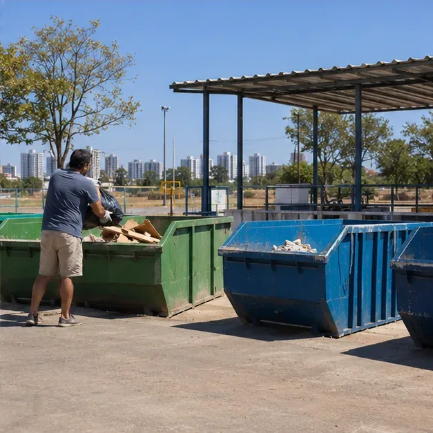 Morador entrega materiais separados em contêineres de um ponto público de recebimento em área urbana de Brasília