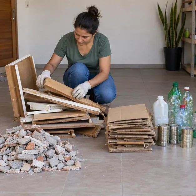 Moradora separa madeira, pequenos restos de obra e materiais recicláveis antes de levá-los ao Papa-Entulho
