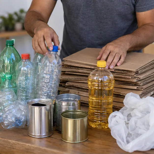 Materiais recicláveis separados em papelão, garrafas plásticas, latas e uma garrafa de óleo de cozinha usado