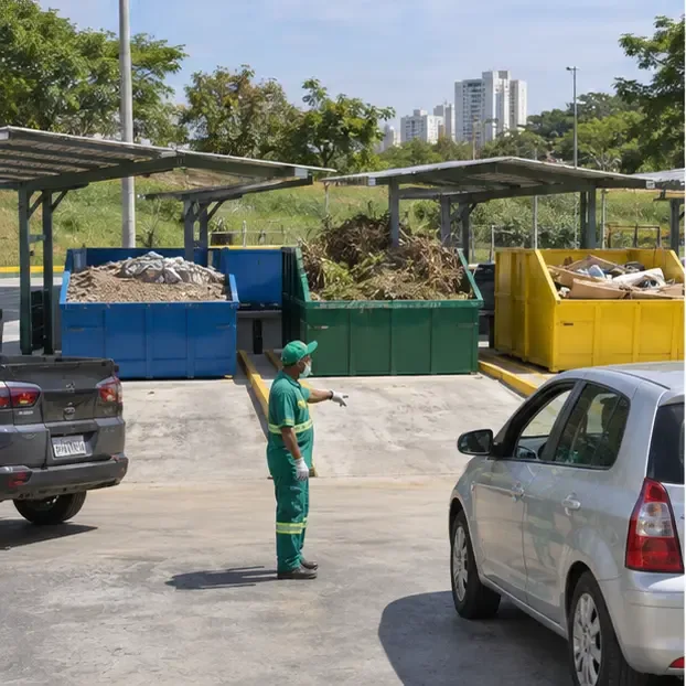 Ecoponto ao ar livre com contêineres separados para entulho, restos de poda e outros materiais, acompanhado por um funcionário.