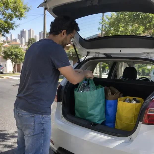 Morador coloca sacolas de materiais recicláveis separados no porta-malas de um carro para levá-las ao ecoponto.