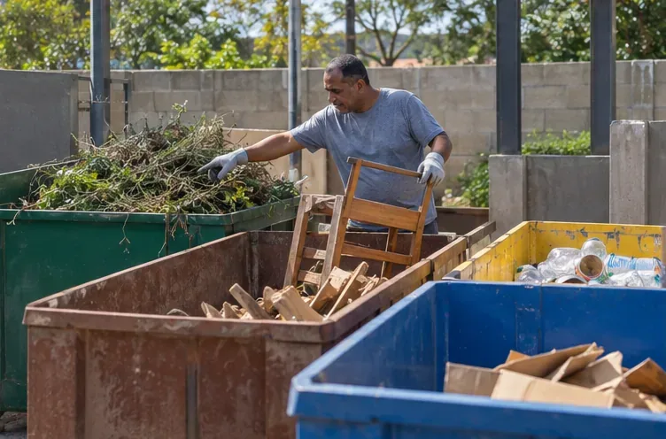 Trabalhador orientando a colocação de galhos e madeira em recipientes diferentes de um ponto de entrega