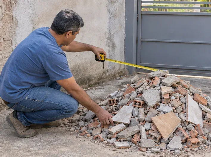 Morador medindo com uma trena uma pequena pilha de restos de tijolos, concreto e azulejos