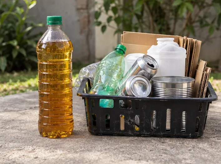Garrafa PET fechada com óleo de cozinha usado ao lado de uma caixa com materiais recicláveis