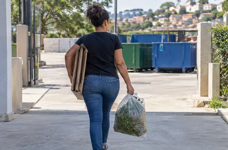Moradora carregando papelão dobrado e um saco com folhas para uma área de entrega de resíduos