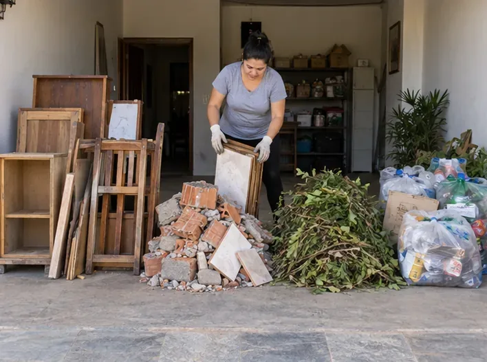Moradora separando móveis de madeira, entulho de obra, galhos e materiais recicláveis em uma garagem