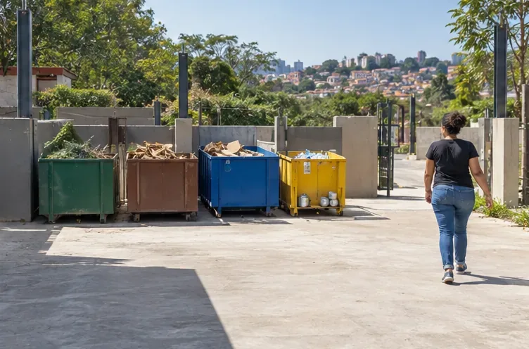 Área de entrega limpa com recipientes separados e uma moradora saindo depois de descarregar os materiais